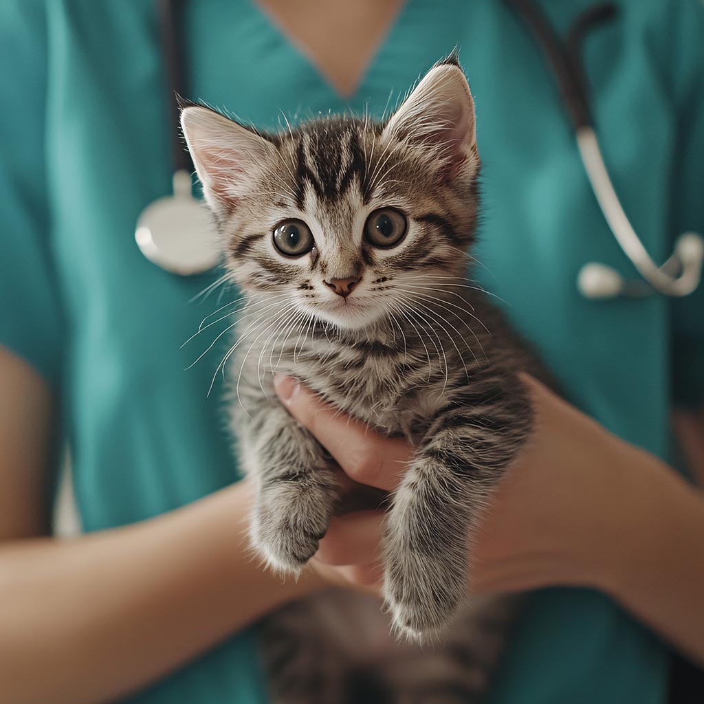 Tiny kitten with vet